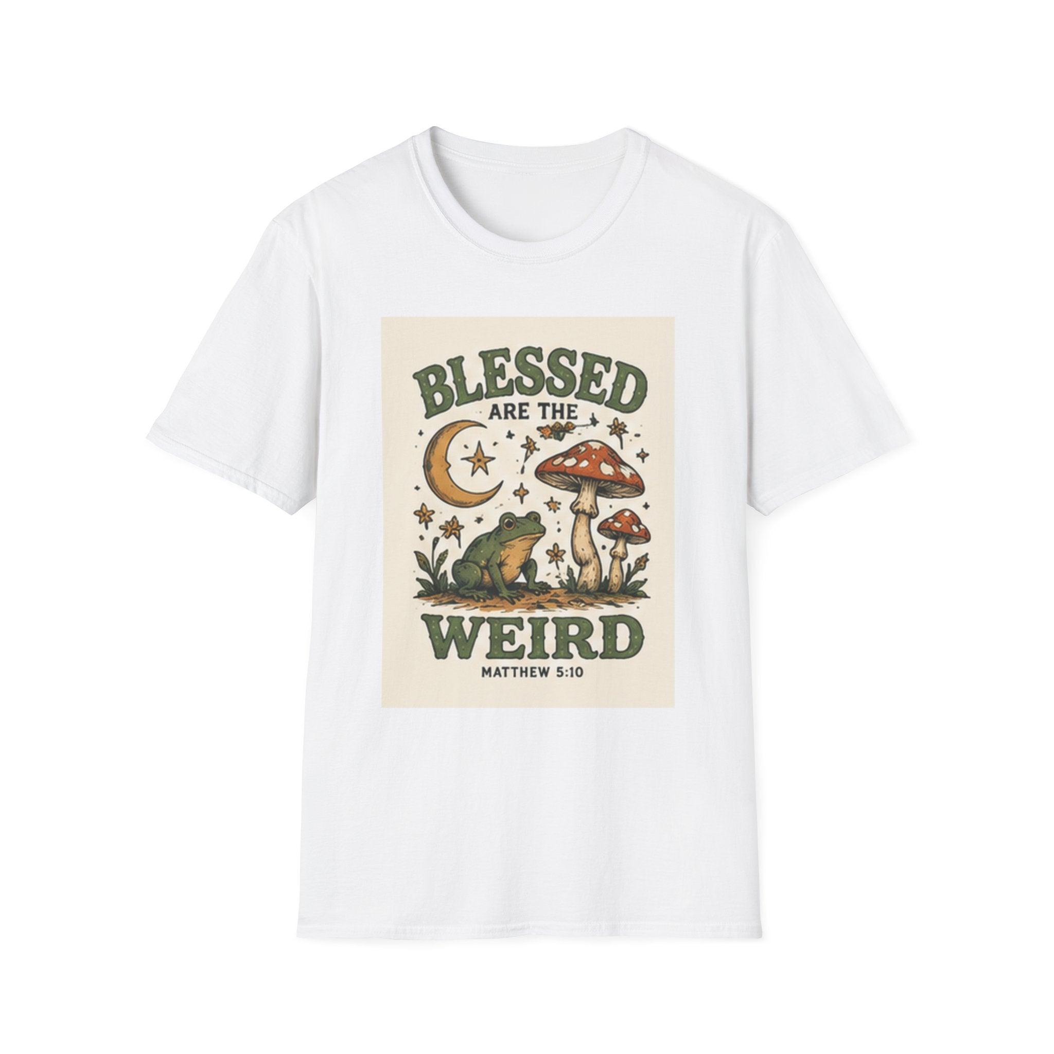 Blessed Are The Weird T-Shirt — Retro Frog & Mushroom Christian Graphic Tee (Matthew 5:10)