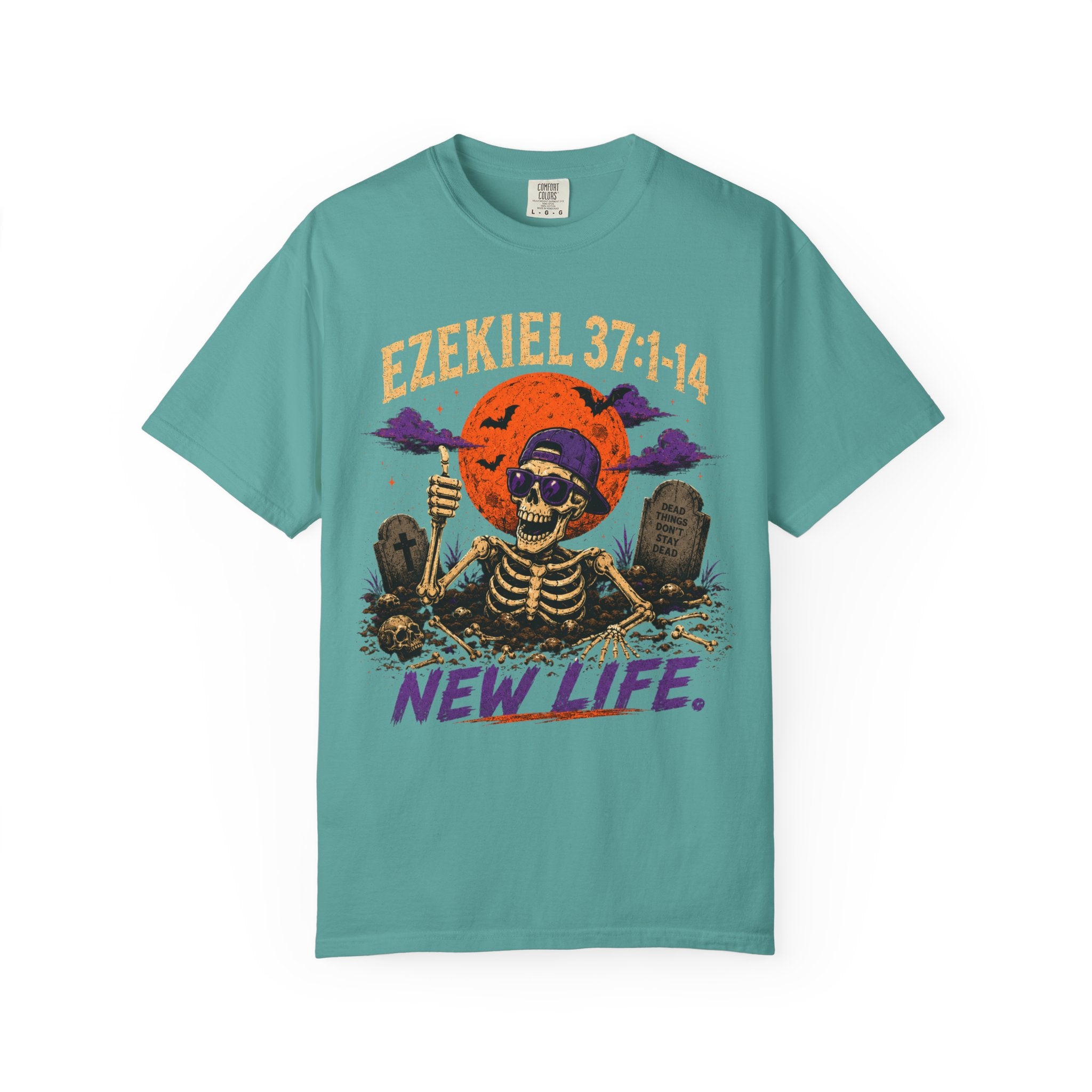 T-Shirt — 'Ezekiel 37:1-14 New Life' Skeleton Graveyard Graphic