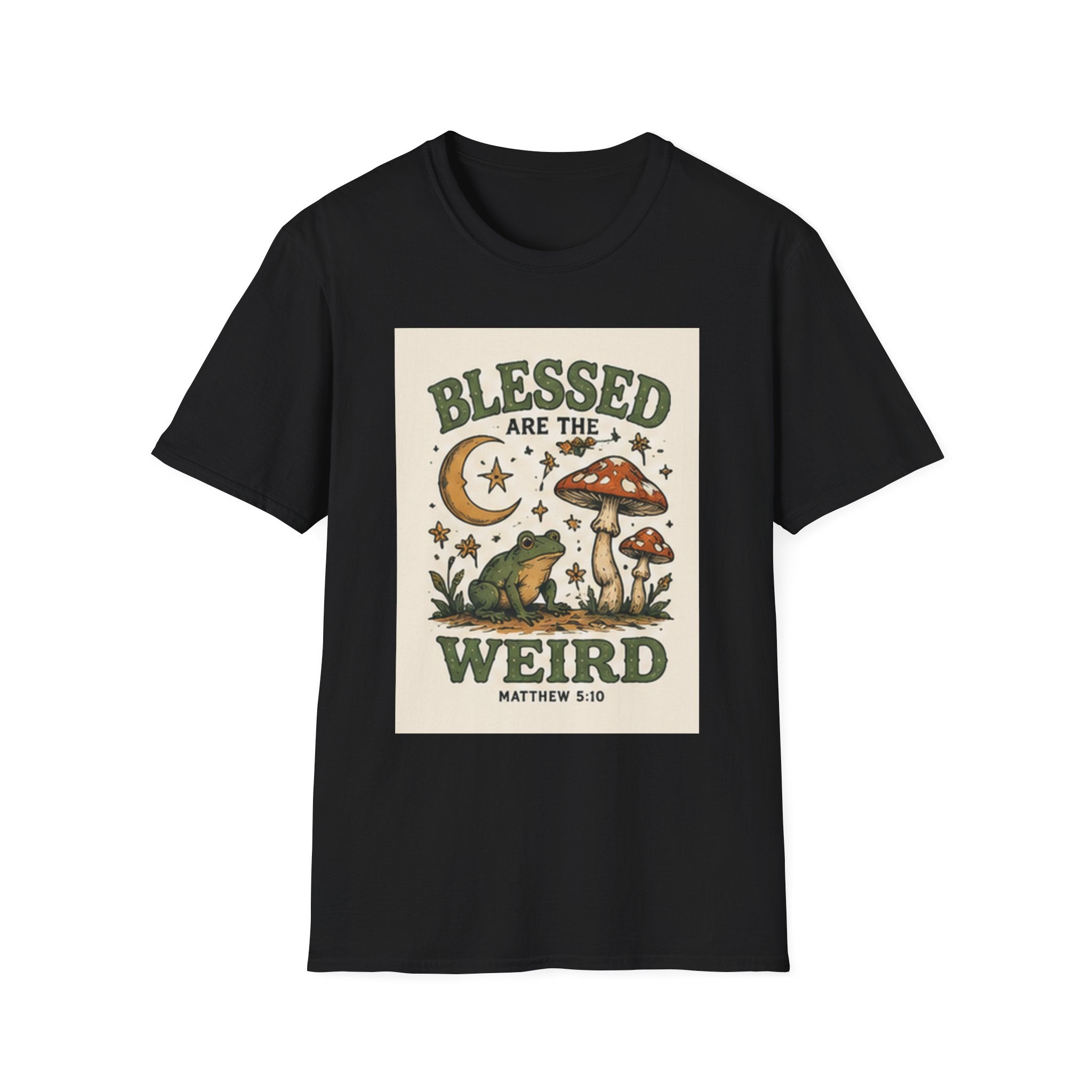 Blessed Are The Weird T-Shirt — Retro Frog & Mushroom Christian Graphic Tee (Matthew 5:10)
