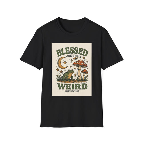 Blessed Are The Weird T-Shirt — Retro Frog & Mushroom Christian Graphic Tee (Matthew 5:10)