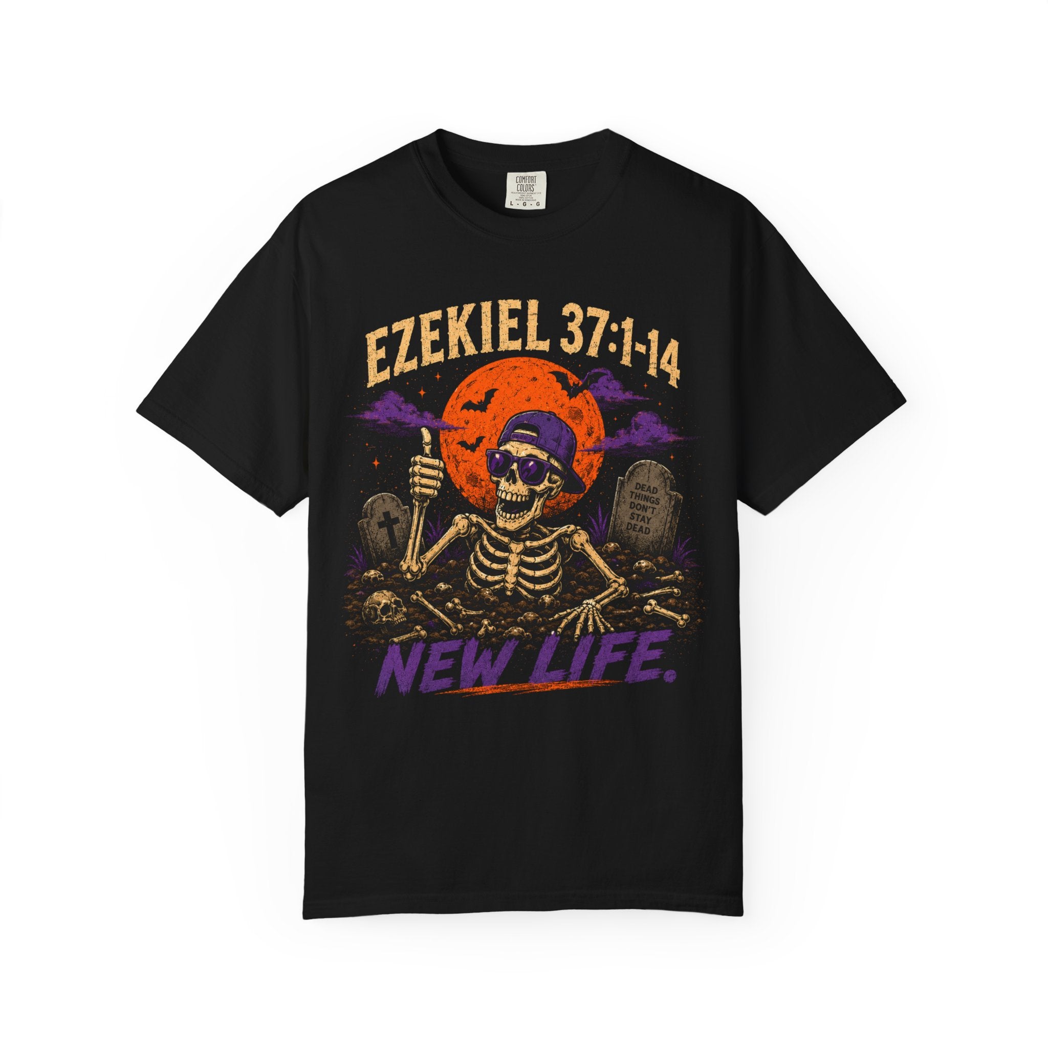 T-Shirt — 'Ezekiel 37:1-14 New Life' Skeleton Graveyard Graphic
