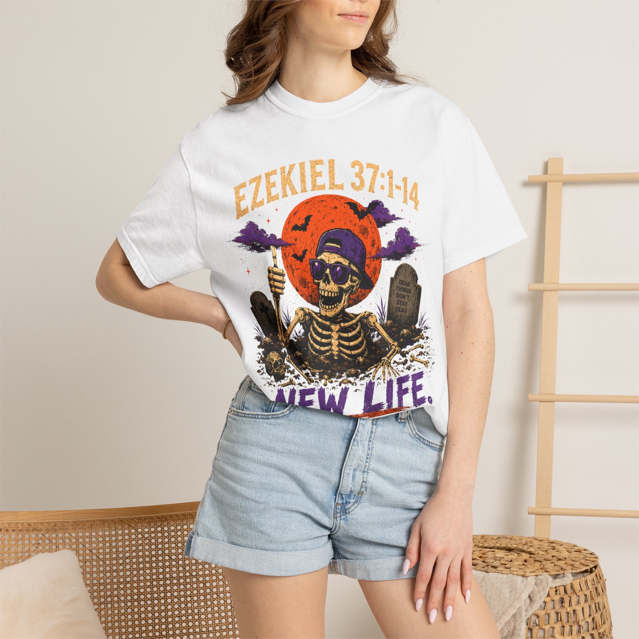 T-Shirt — 'Ezekiel 37:1-14 New Life' Skeleton Graveyard Graphic