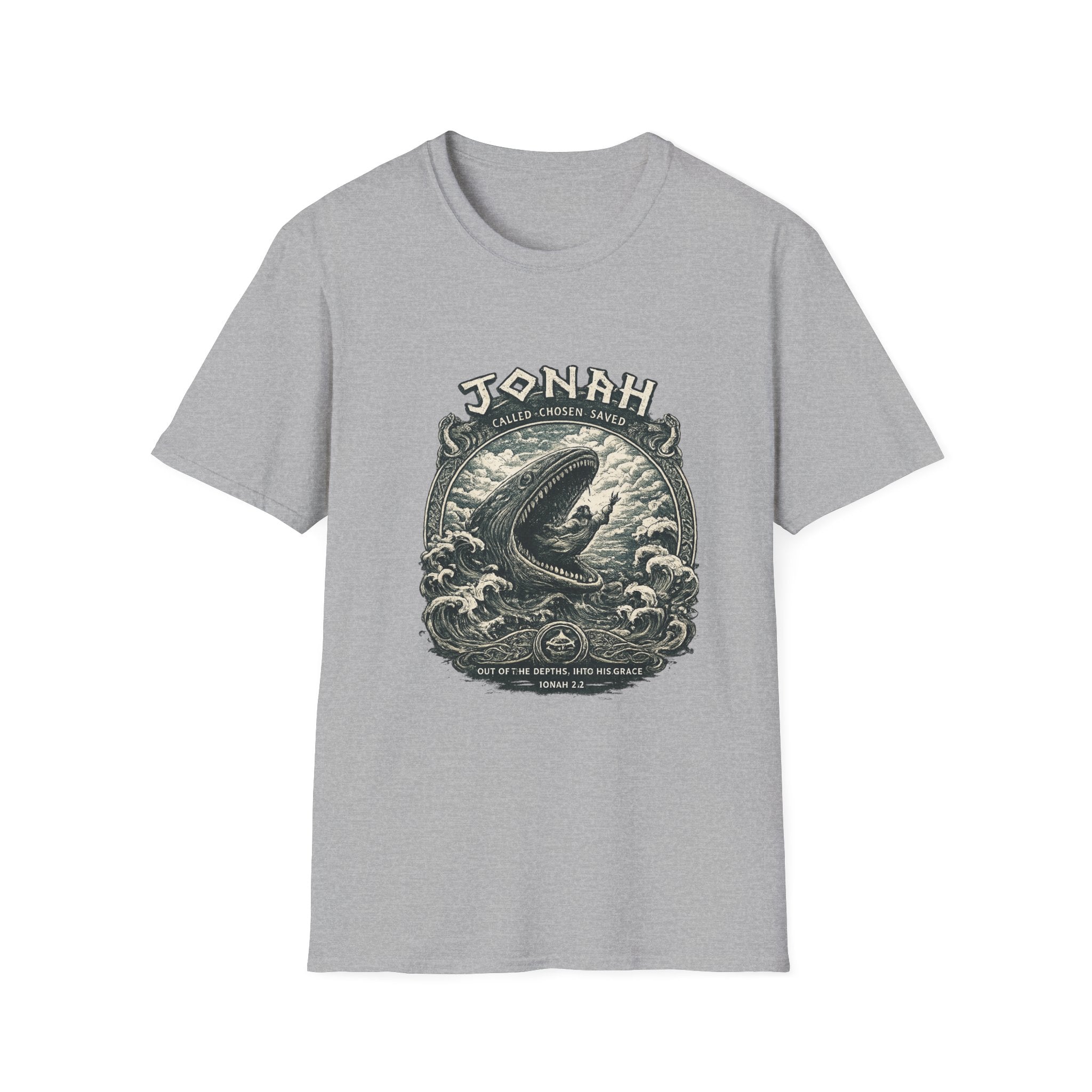 Jonah Whale Graphic T-Shirt — "He Is Greater" Nautical Christian Shirt