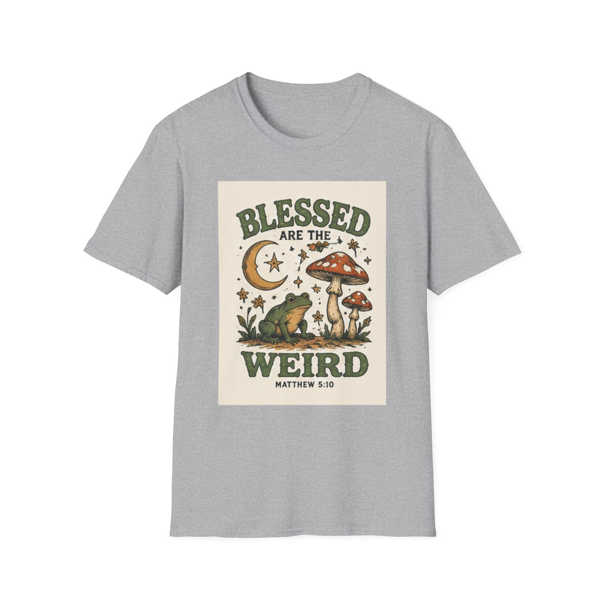 Blessed Are The Weird T-Shirt — Retro Frog & Mushroom Christian Graphic Tee (Matthew 5:10)