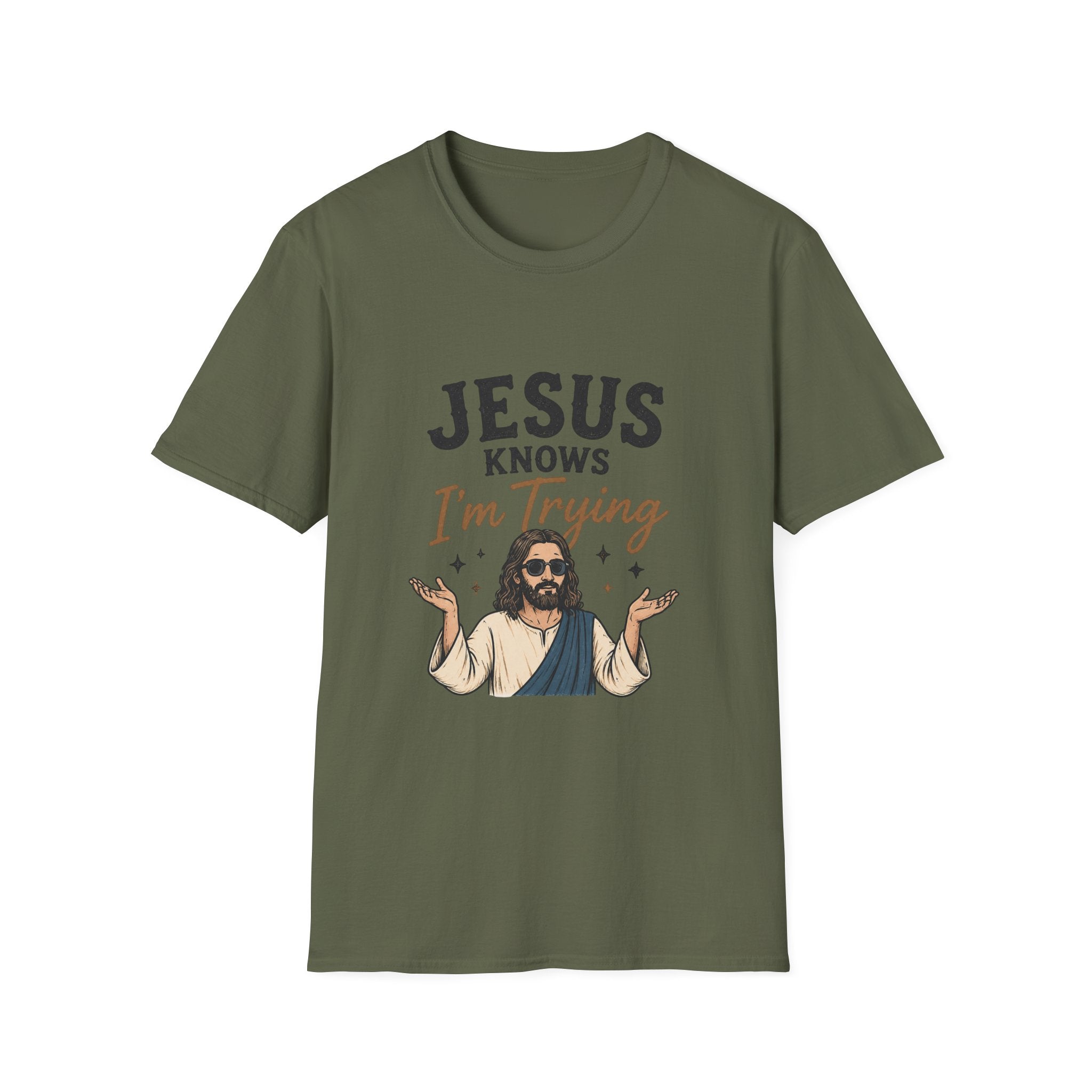 Jesus Knows I’m Trying T-Shirt — Funny Faith Graphic Tee