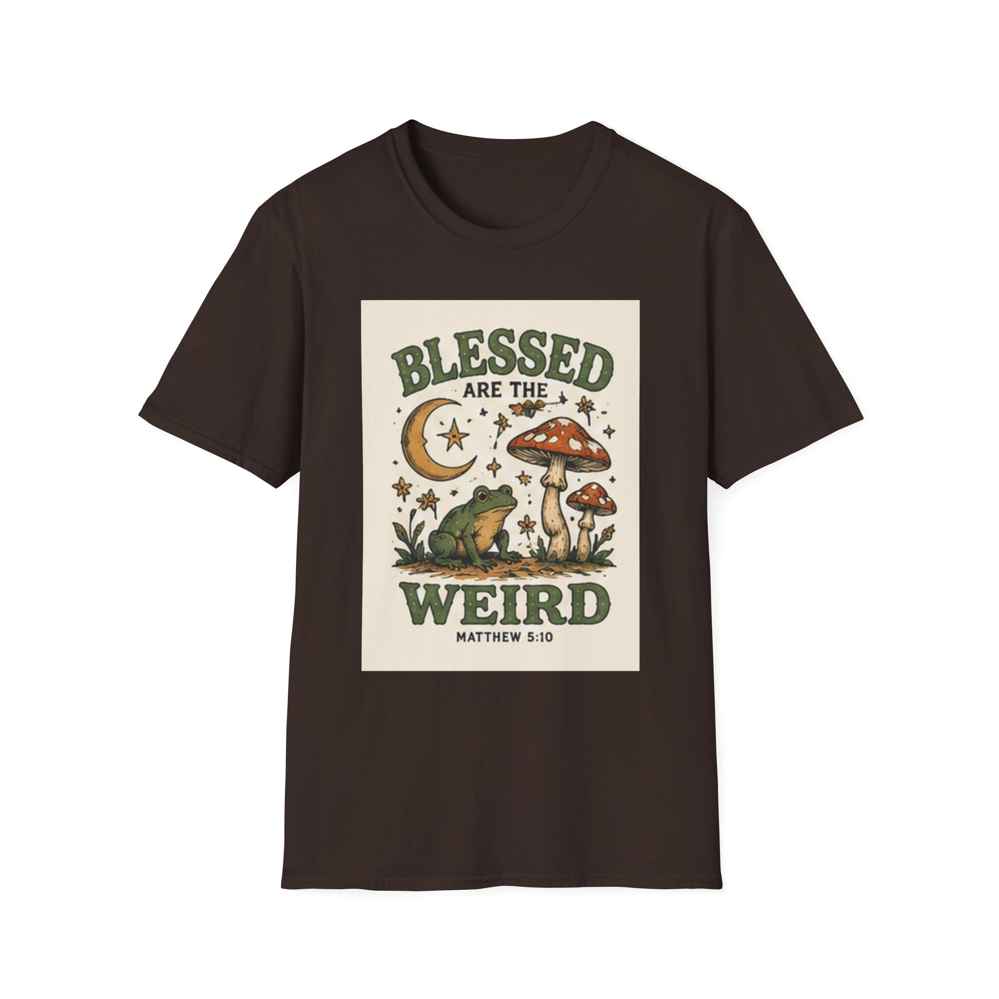 Blessed Are The Weird T-Shirt — Retro Frog & Mushroom Christian Graphic Tee (Matthew 5:10)