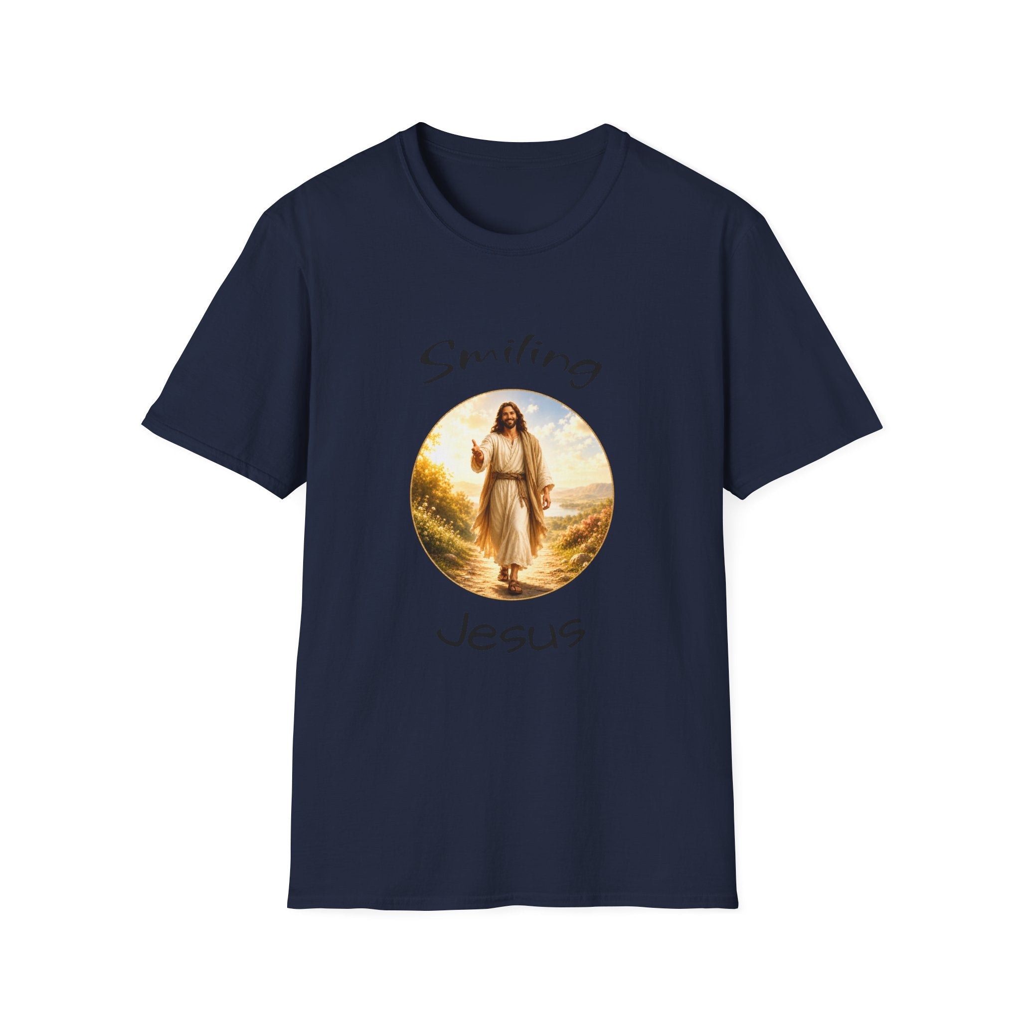 Smiling Jesus T-Shirt — Christian Faith Graphic Tee with John 14:1 Back