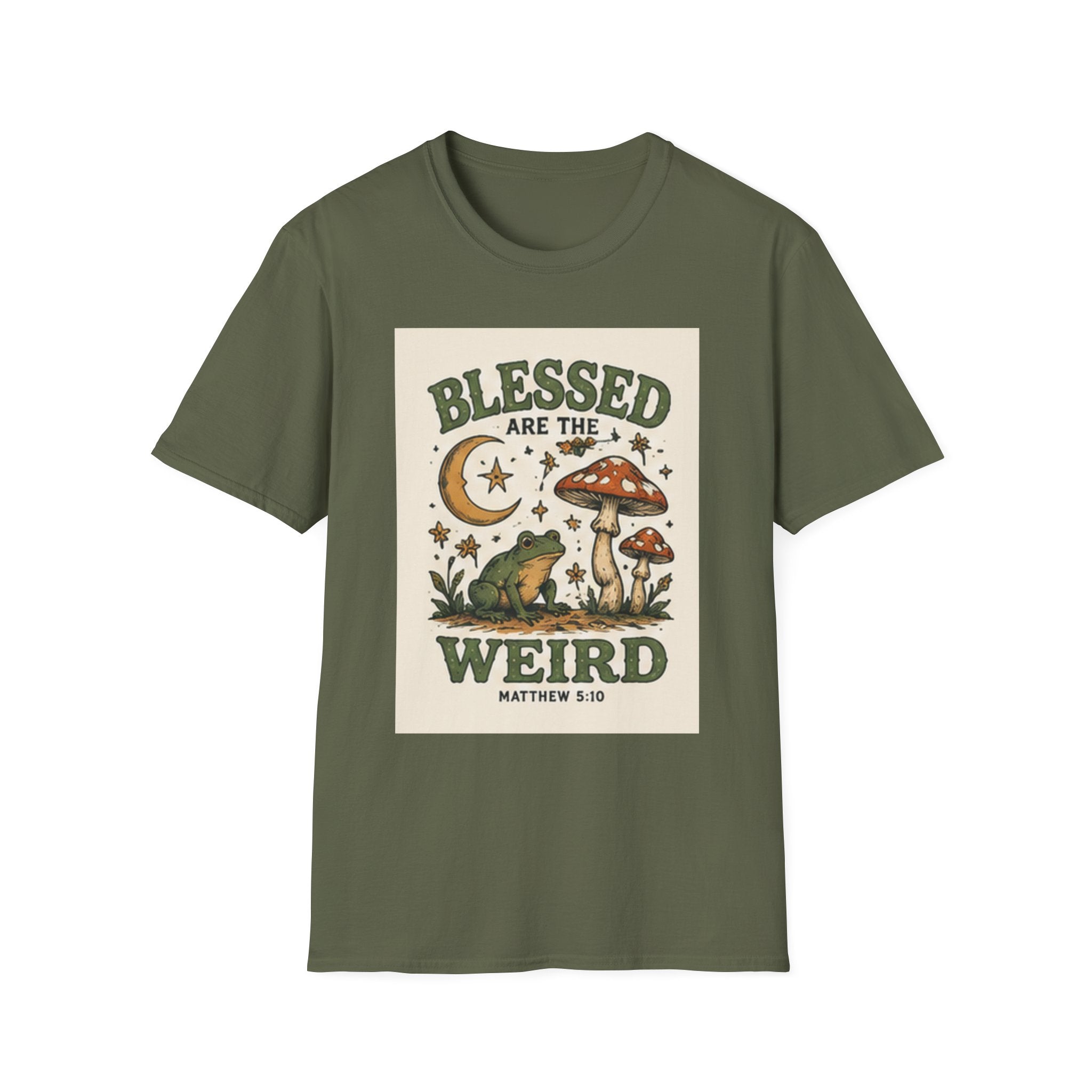 Blessed Are The Weird T-Shirt — Retro Frog & Mushroom Christian Graphic Tee (Matthew 5:10)