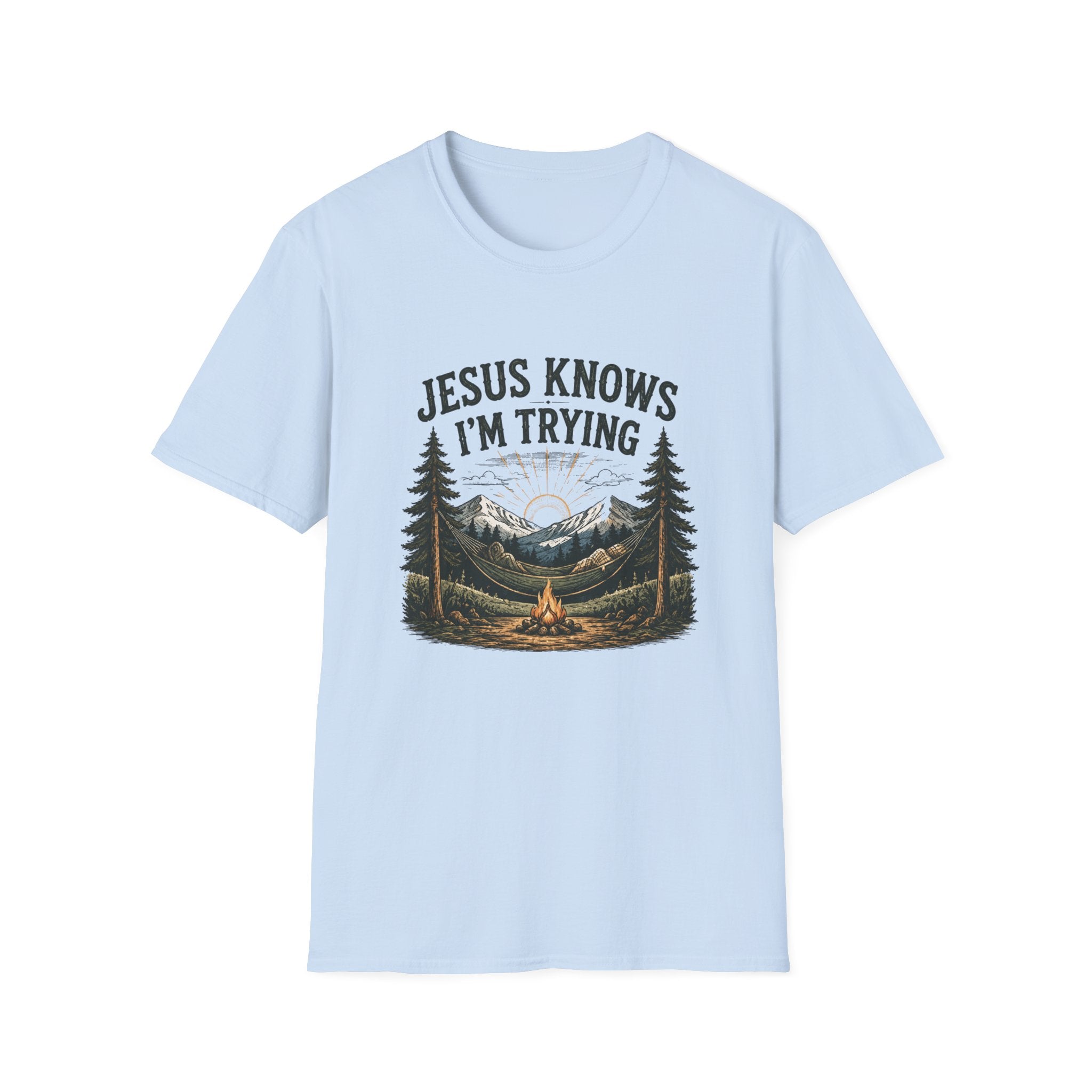Christian Camping T-Shirt - "Jesus Knows I'm Trying" Outdoor Faith Graphic Tee