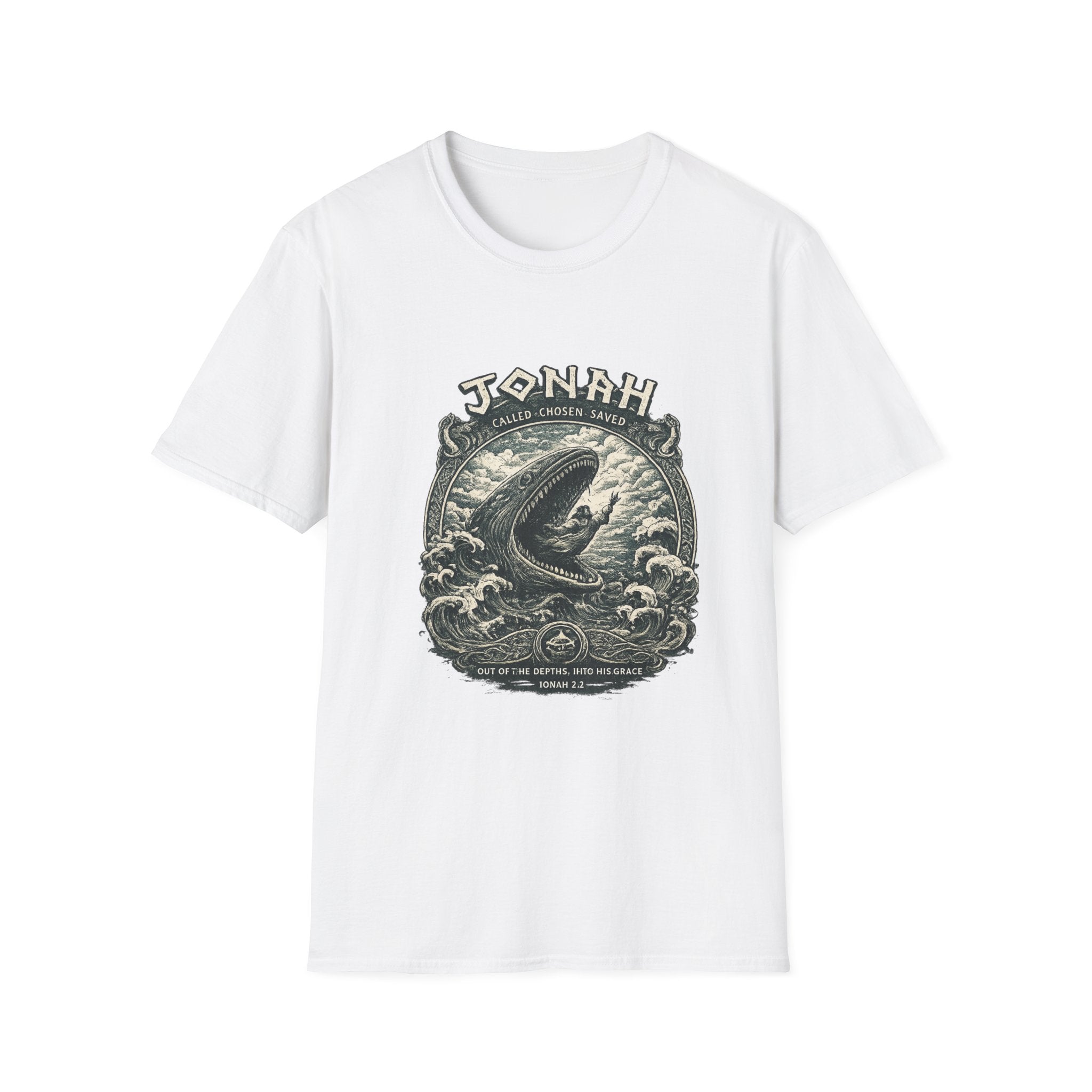 Jonah Whale Graphic T-Shirt — "He Is Greater" Nautical Christian Shirt
