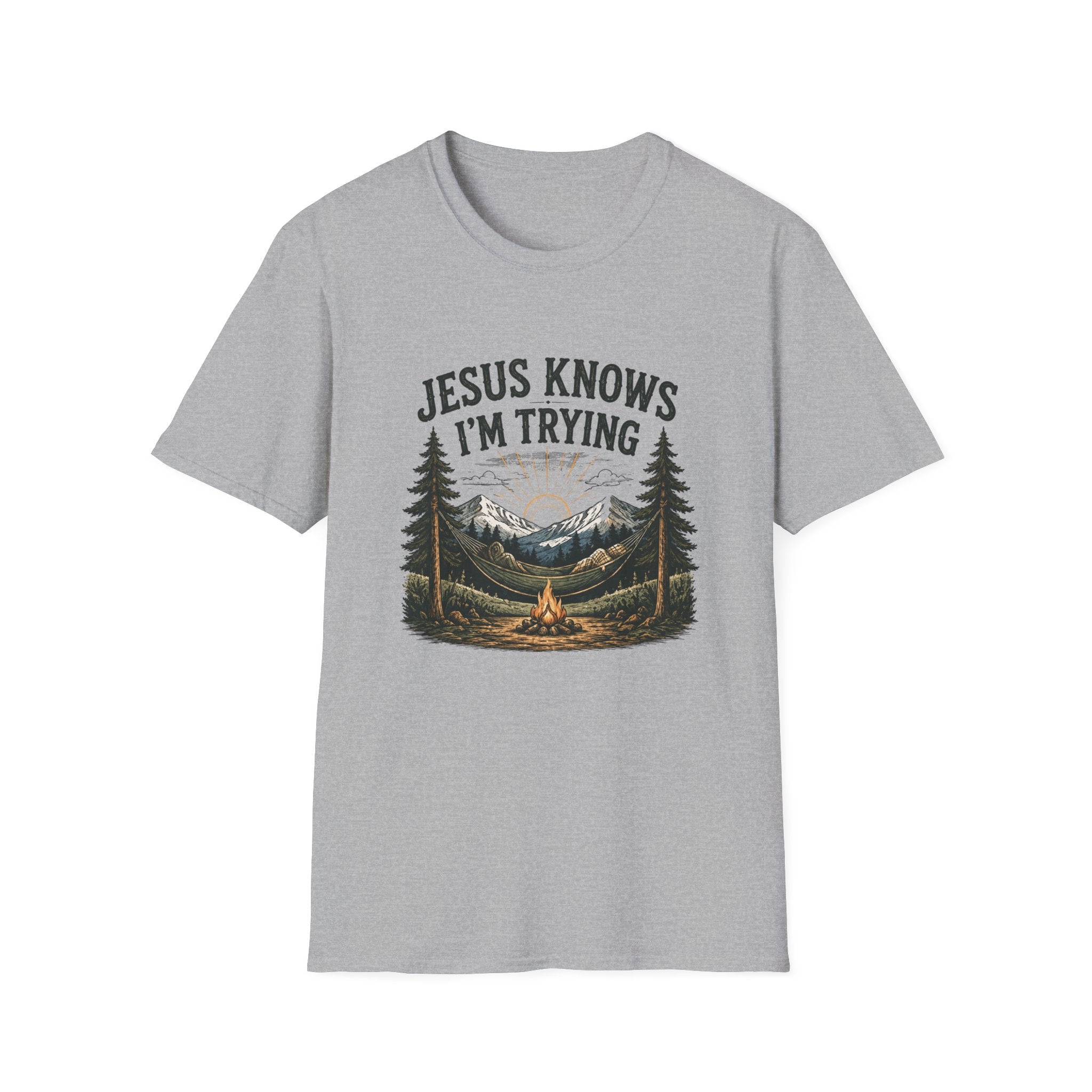 Christian Camping T-Shirt - "Jesus Knows I'm Trying" Outdoor Faith Graphic Tee