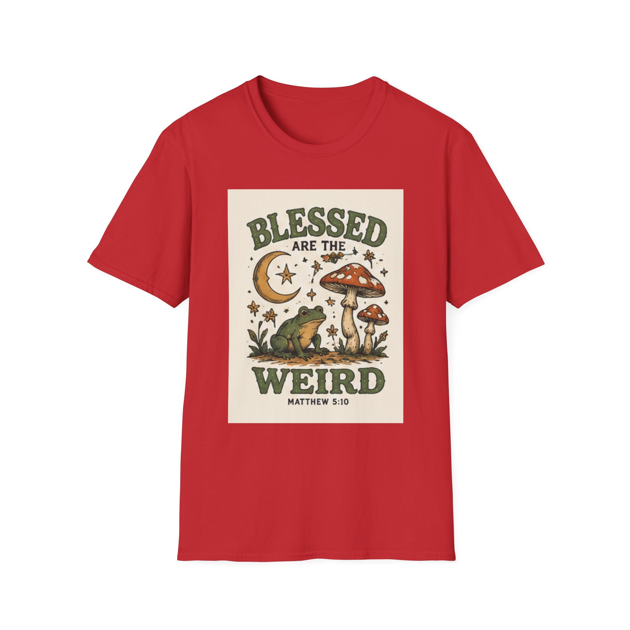 Blessed Are The Weird T-Shirt — Retro Frog & Mushroom Christian Graphic Tee (Matthew 5:10)