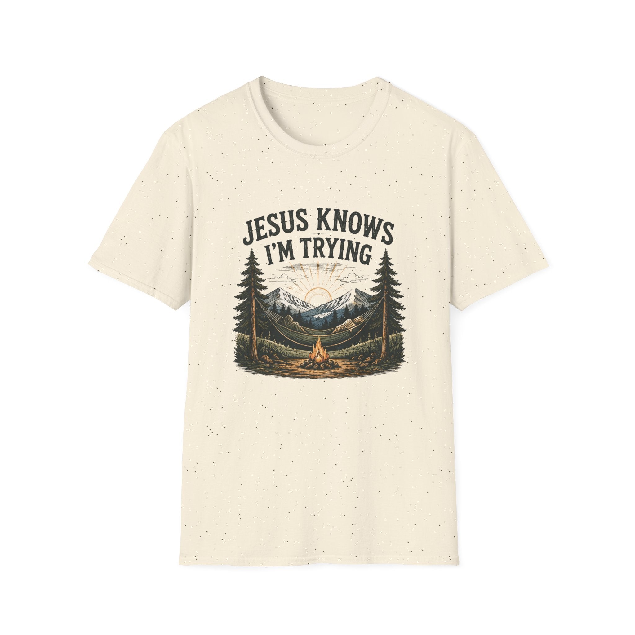 Christian Camping T-Shirt - "Jesus Knows I'm Trying" Outdoor Faith Graphic Tee