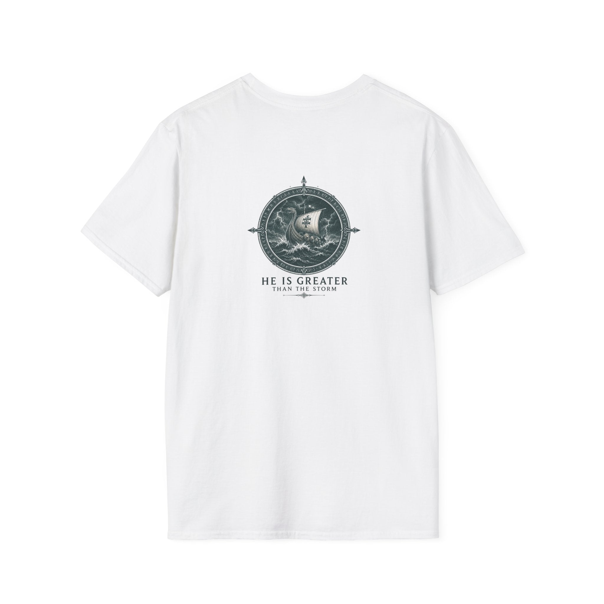 Jonah Whale Graphic T-Shirt — "He Is Greater" Nautical Christian Shirt