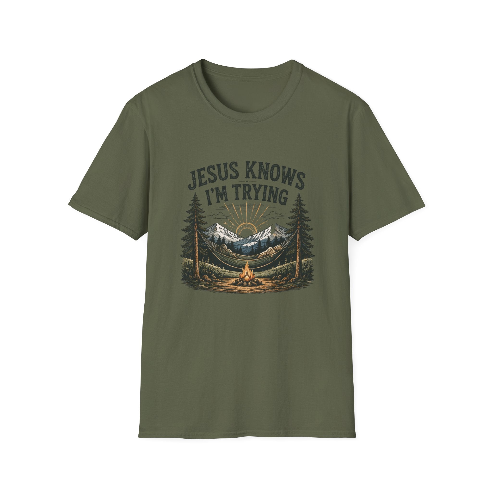 Christian Camping T-Shirt - "Jesus Knows I'm Trying" Outdoor Faith Graphic Tee