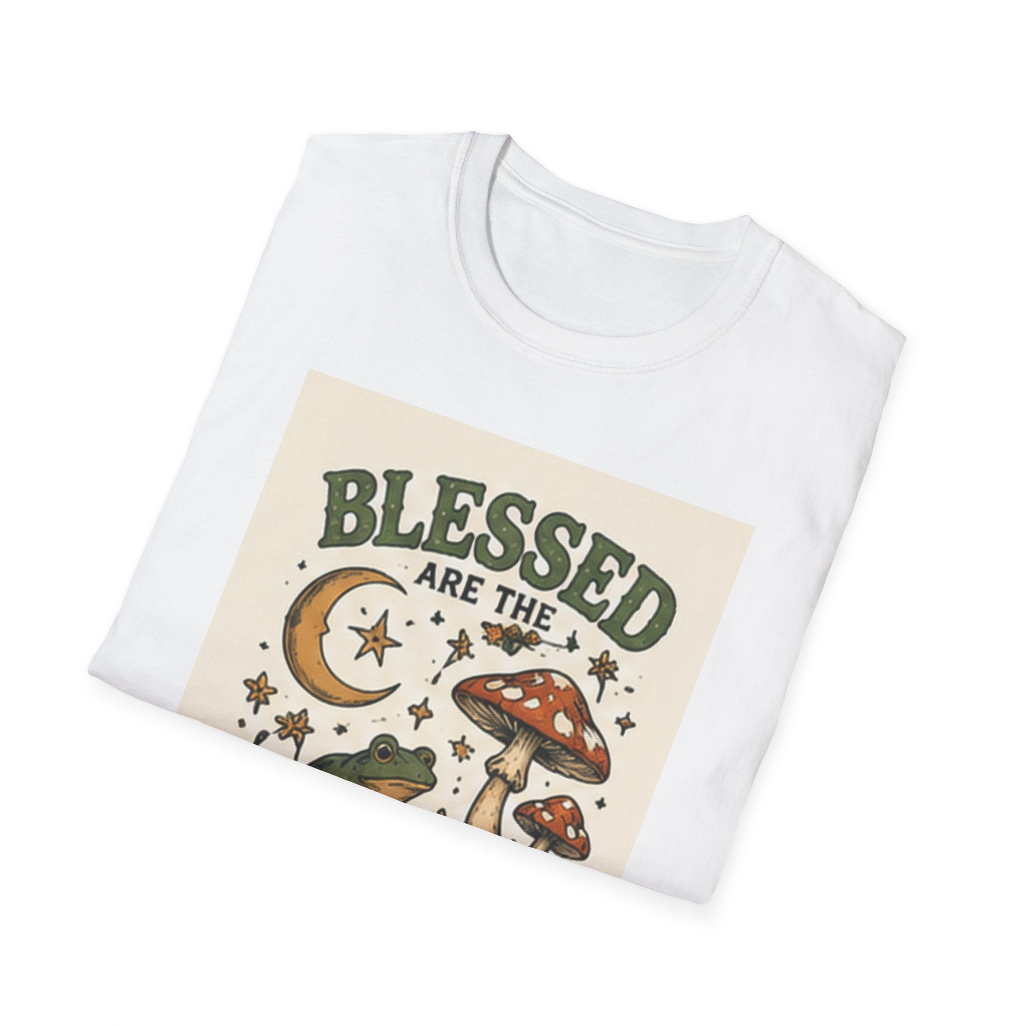 Blessed Are The Weird T-Shirt — Retro Frog & Mushroom Christian Graphic Tee (Matthew 5:10)