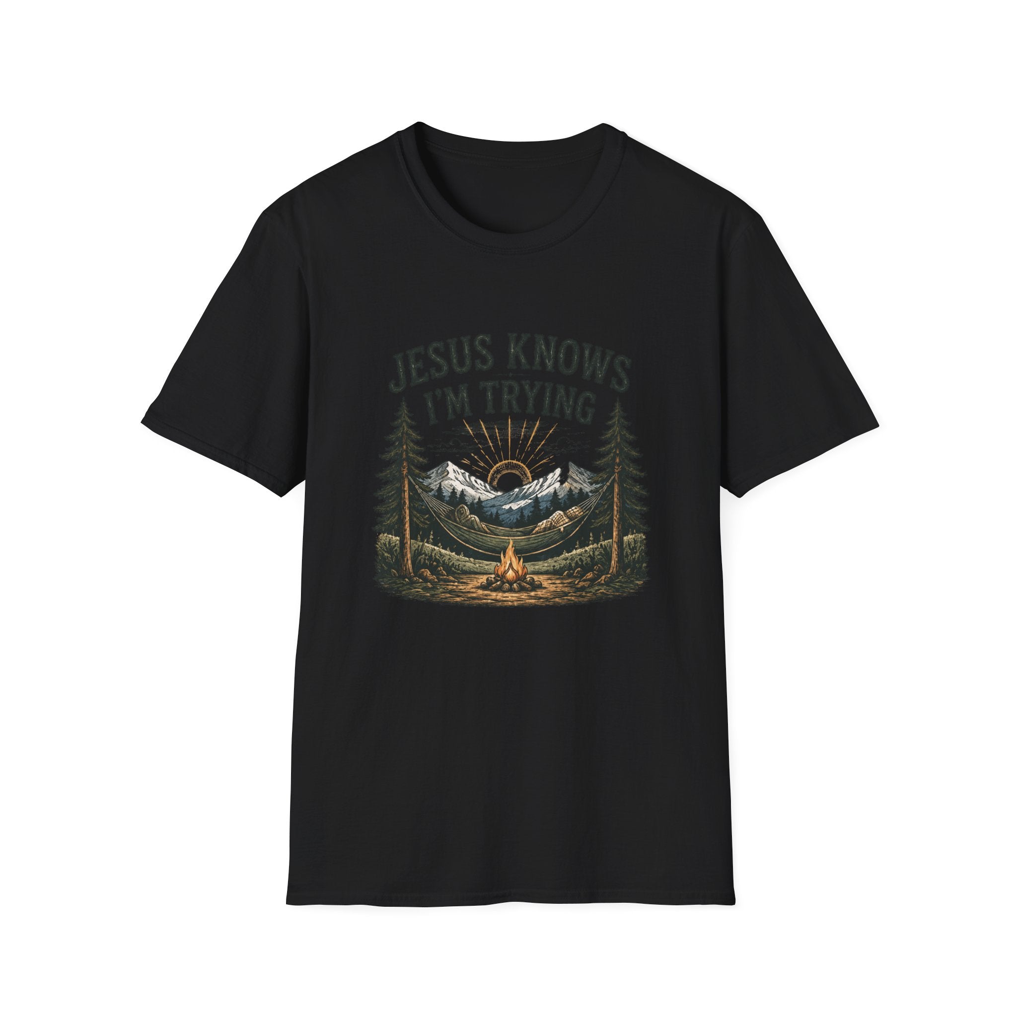 Christian Camping T-Shirt - "Jesus Knows I'm Trying" Outdoor Faith Graphic Tee