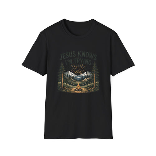 Christian Camping T-Shirt - "Jesus Knows I'm Trying" Outdoor Faith Graphic Tee