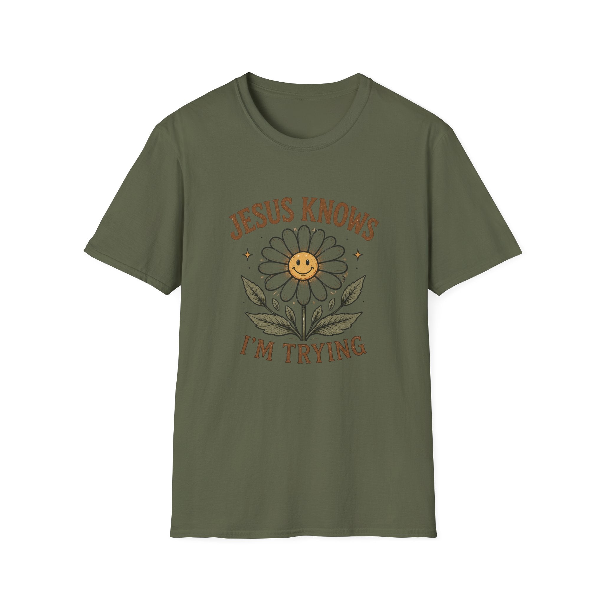 T-Shirt — "Jesus Knows I’m Trying" Daisy Faith Tee