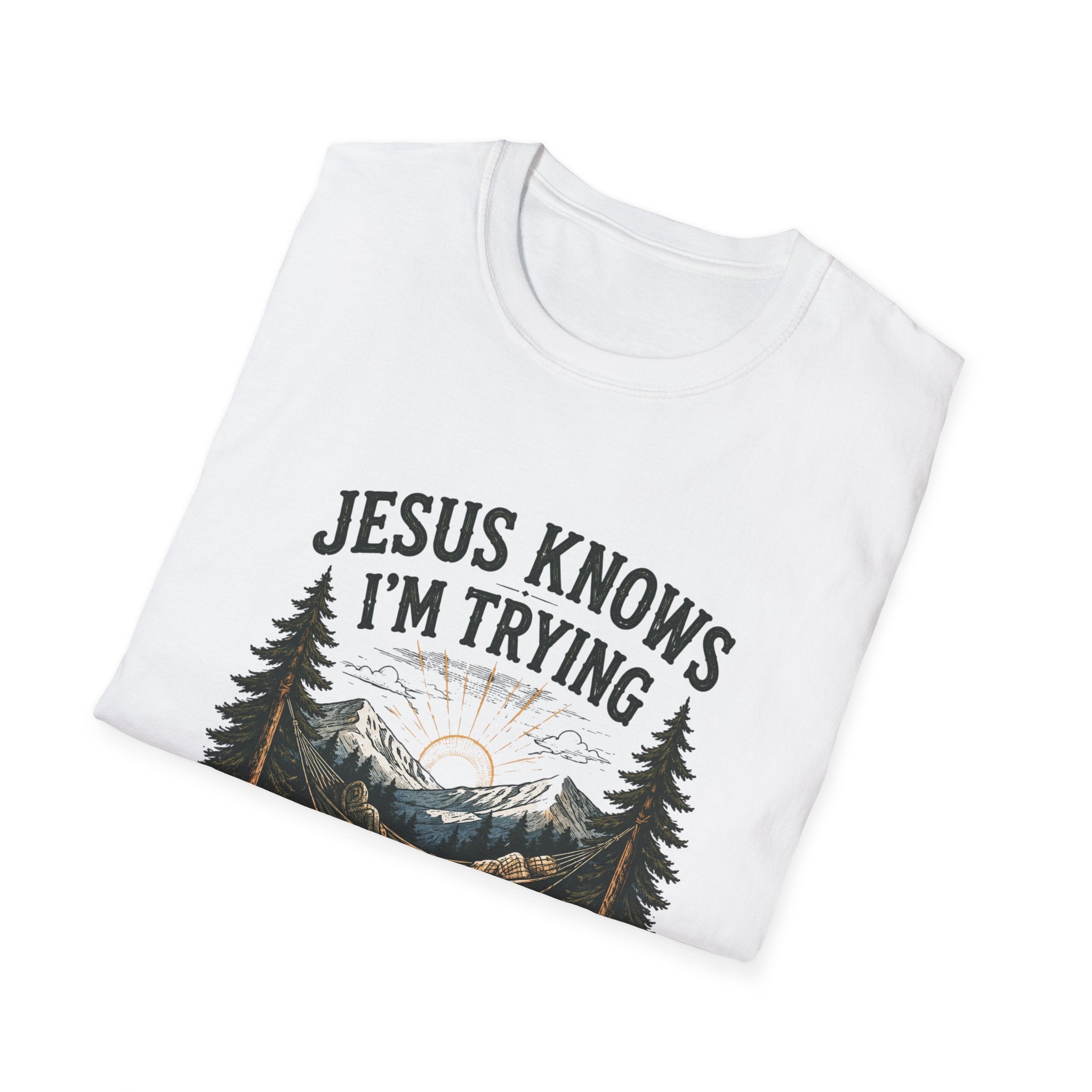 Christian Camping T-Shirt - "Jesus Knows I'm Trying" Outdoor Faith Graphic Tee