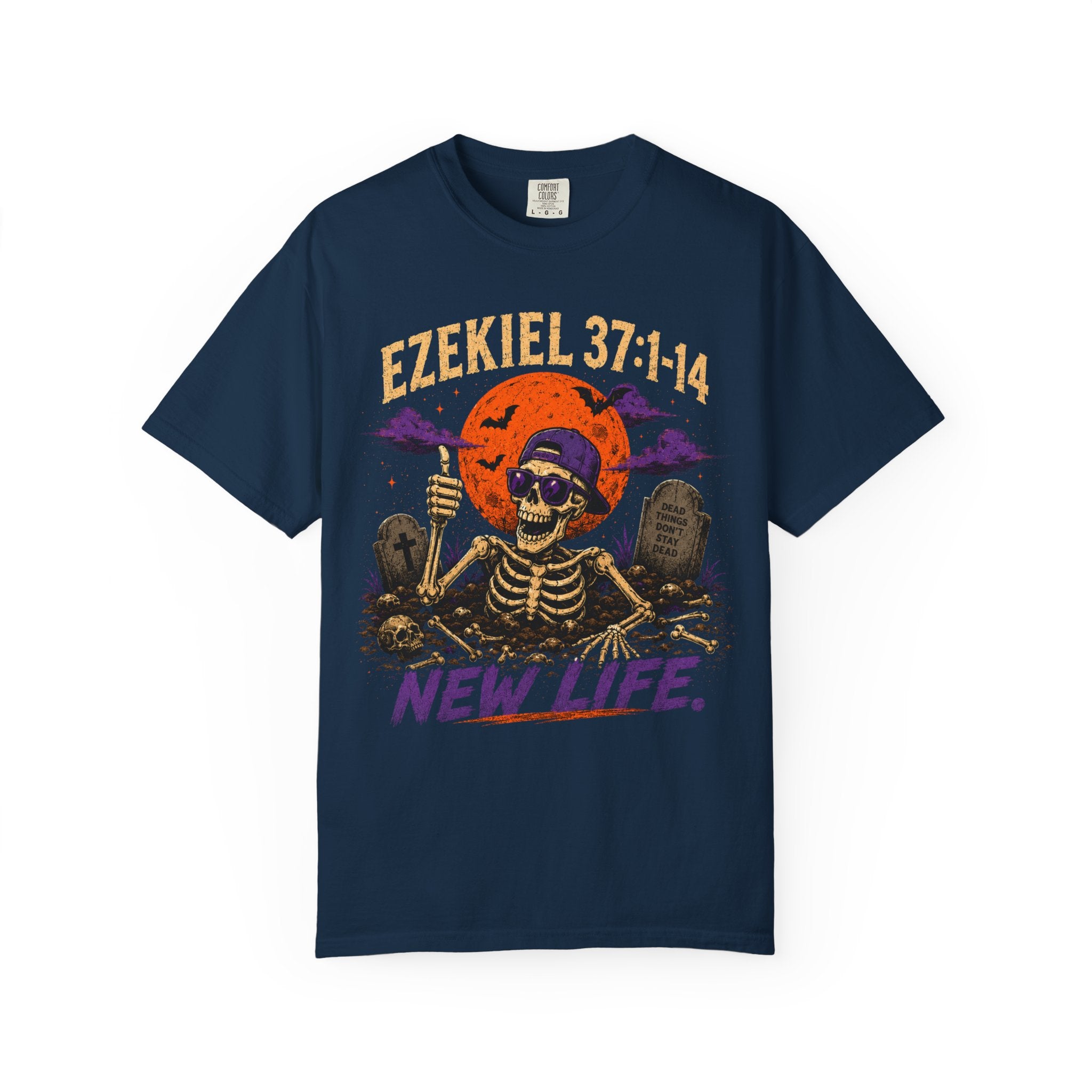 T-Shirt — 'Ezekiel 37:1-14 New Life' Skeleton Graveyard Graphic