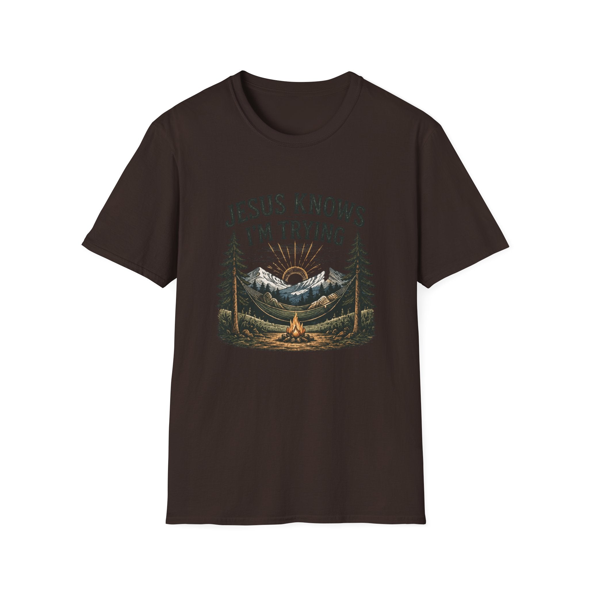 Christian Camping T-Shirt - "Jesus Knows I'm Trying" Outdoor Faith Graphic Tee