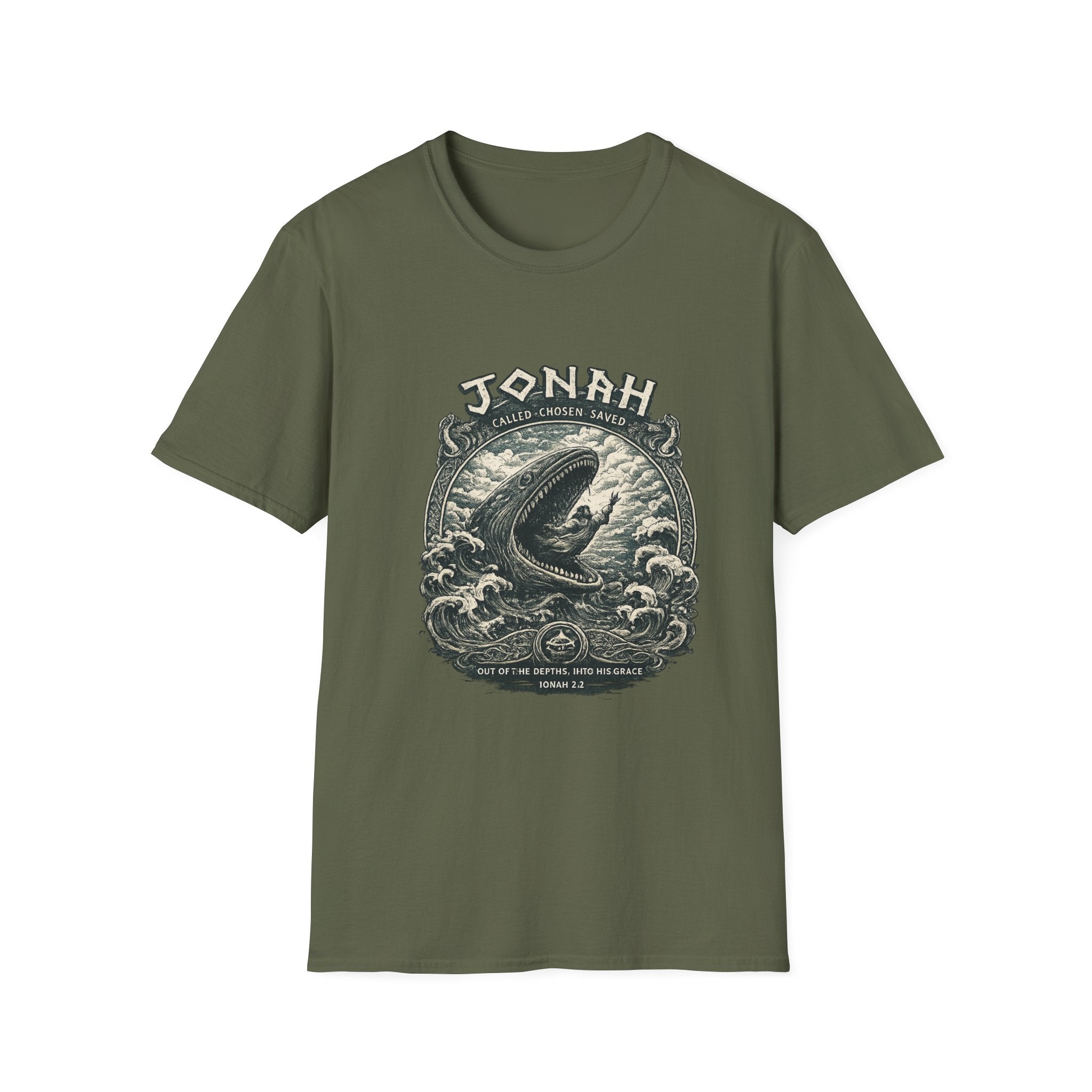 Jonah Whale Graphic T-Shirt — "He Is Greater" Nautical Christian Shirt