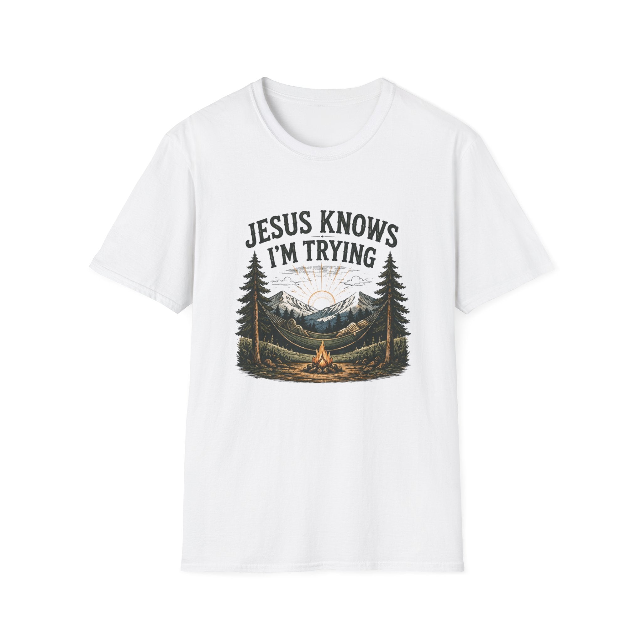 Christian Camping T-Shirt - "Jesus Knows I'm Trying" Outdoor Faith Graphic Tee