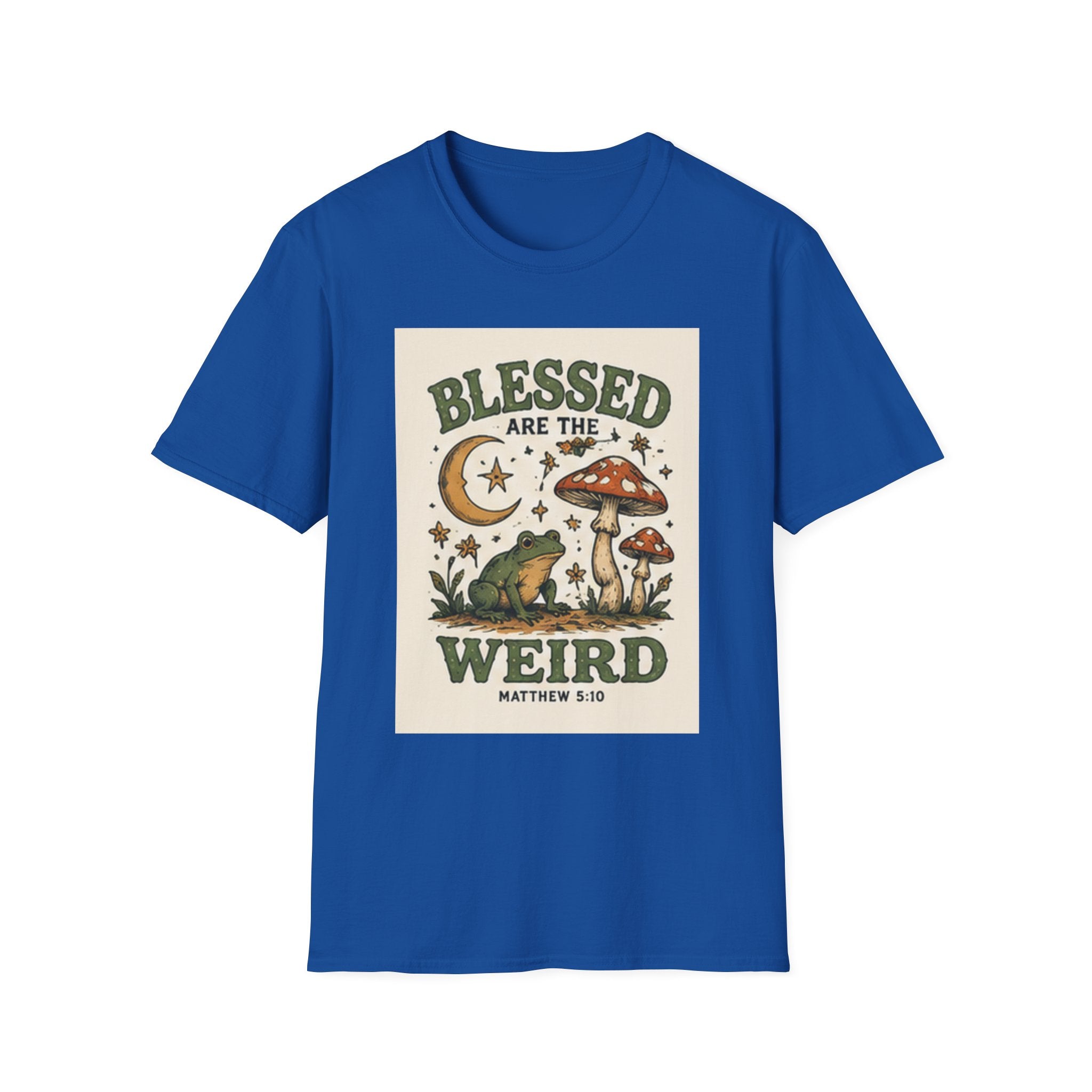 Blessed Are The Weird T-Shirt — Retro Frog & Mushroom Christian Graphic Tee (Matthew 5:10)