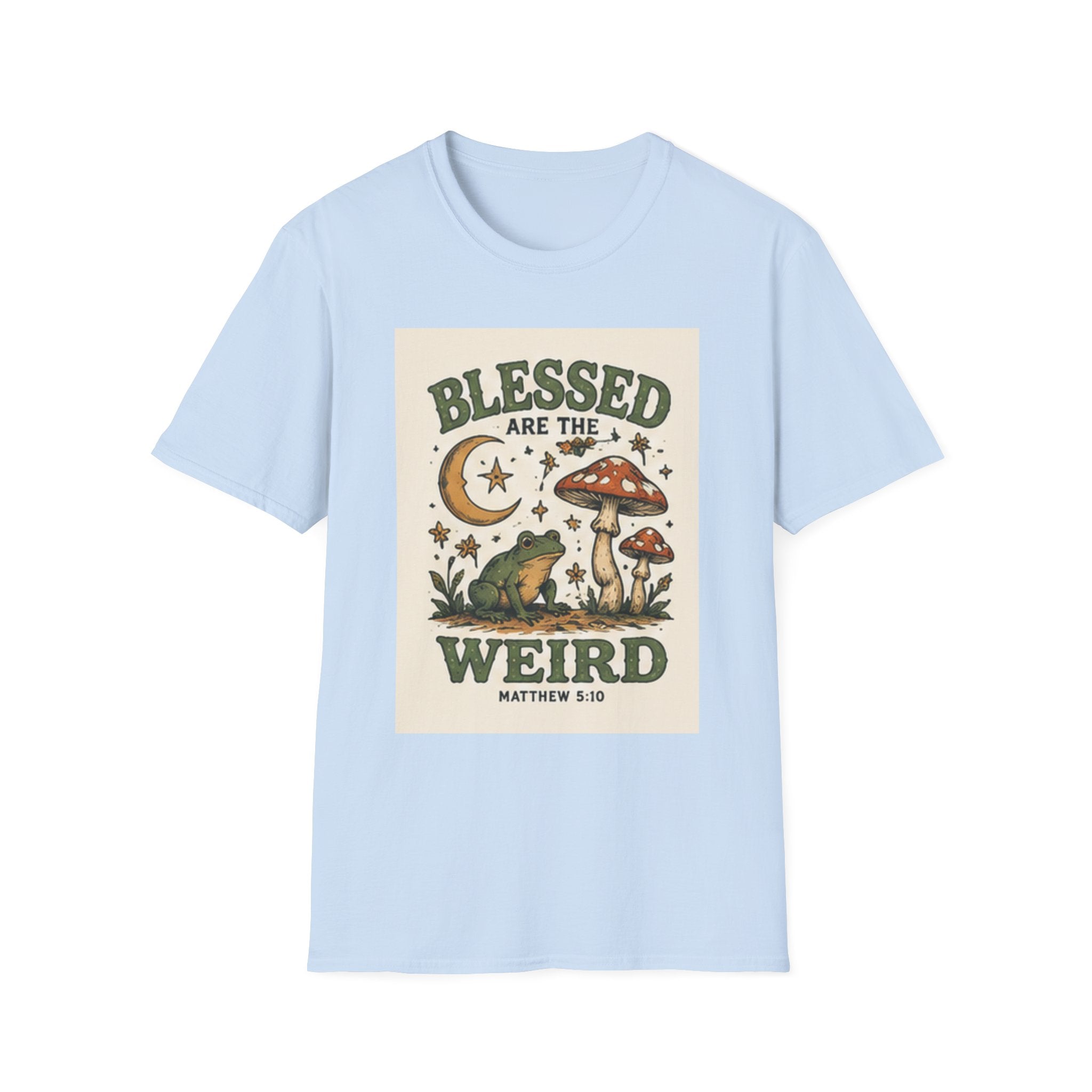 Blessed Are The Weird T-Shirt — Retro Frog & Mushroom Christian Graphic Tee (Matthew 5:10)