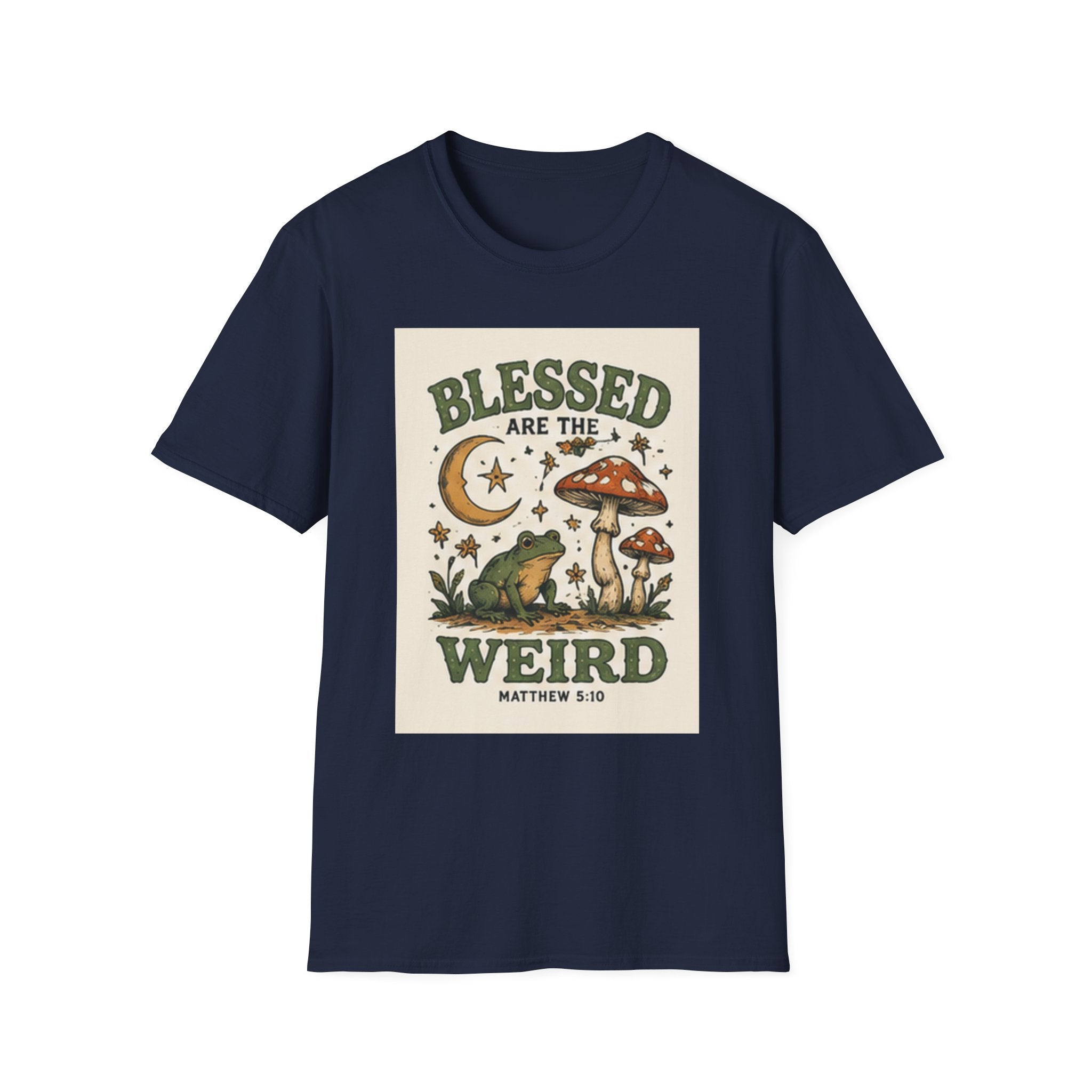 Blessed Are The Weird T-Shirt — Retro Frog & Mushroom Christian Graphic Tee (Matthew 5:10)