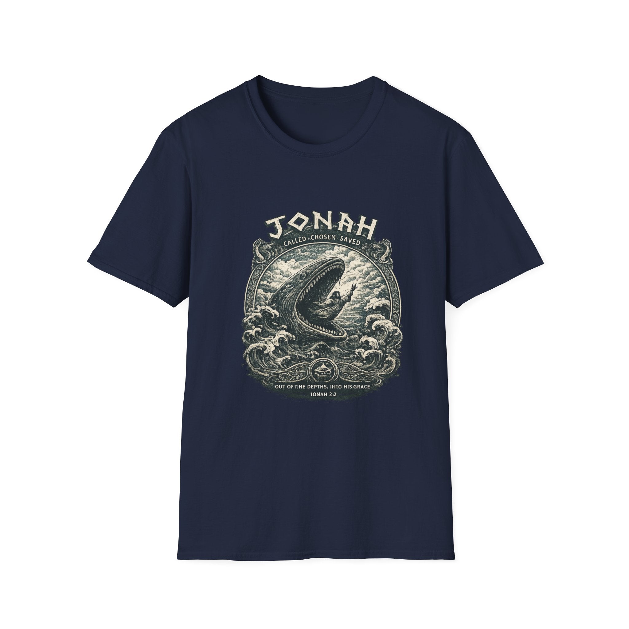 Jonah Whale Graphic T-Shirt — "He Is Greater" Nautical Christian Shirt