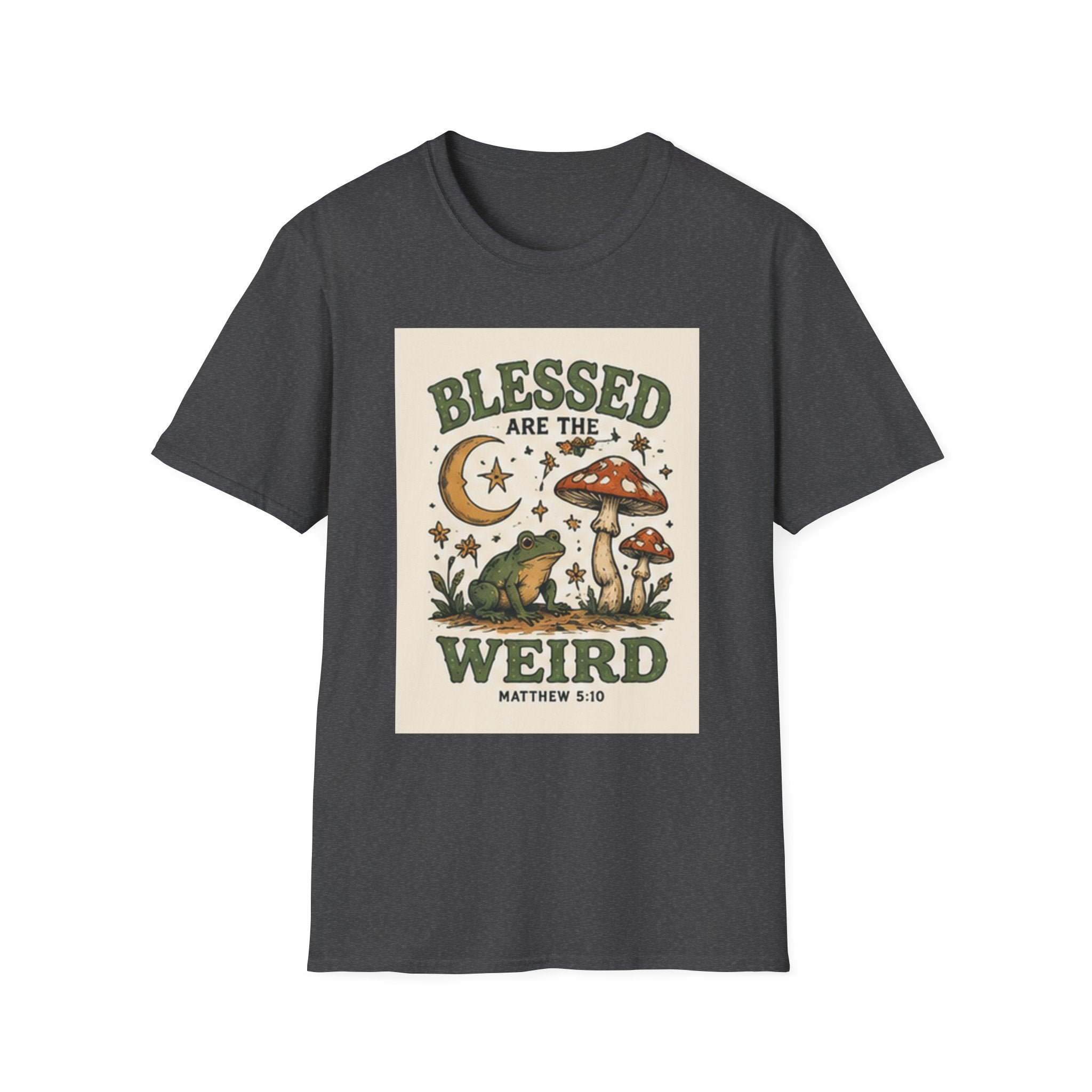 Blessed Are The Weird T-Shirt — Retro Frog & Mushroom Christian Graphic Tee (Matthew 5:10)
