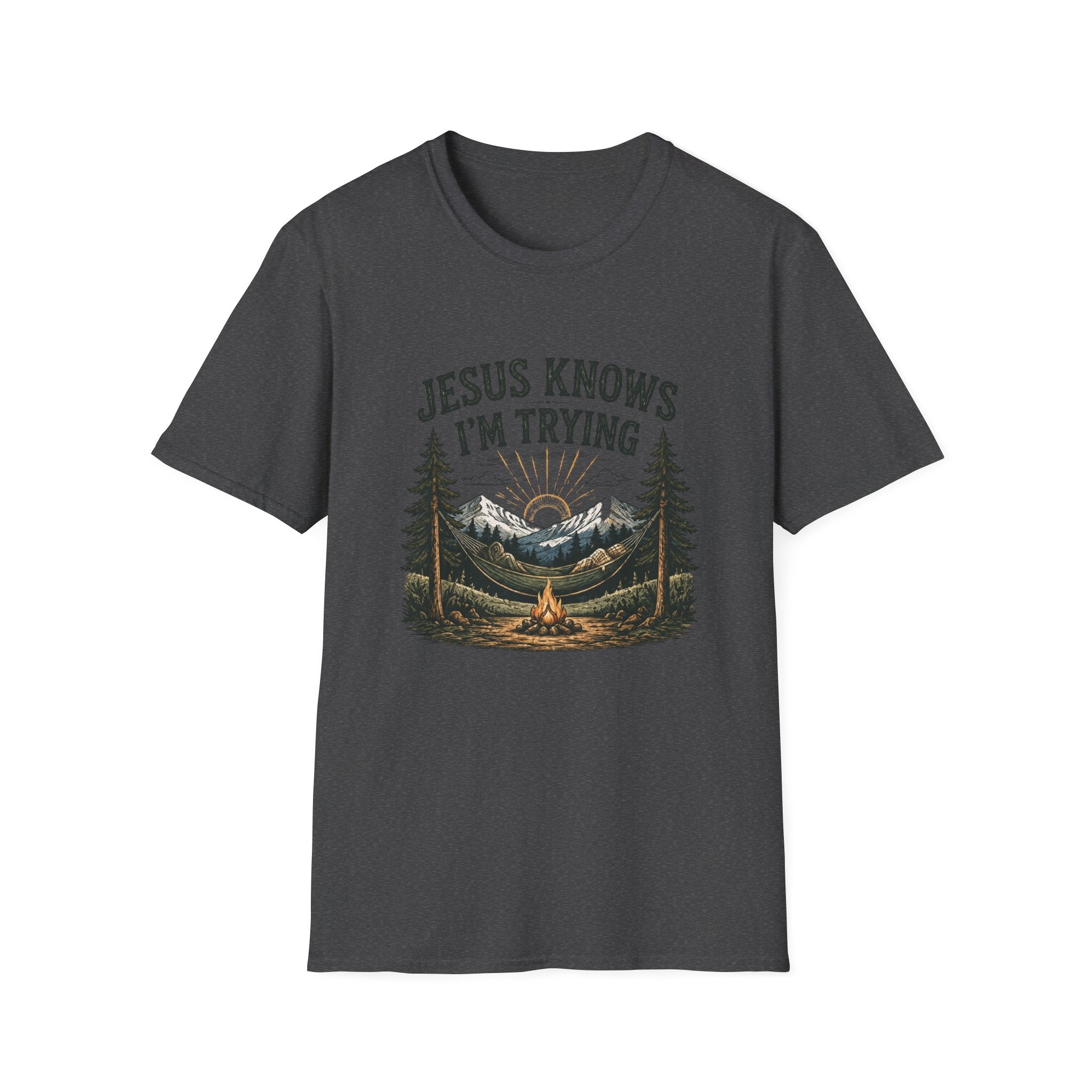 Christian Camping T-Shirt - "Jesus Knows I'm Trying" Outdoor Faith Graphic Tee