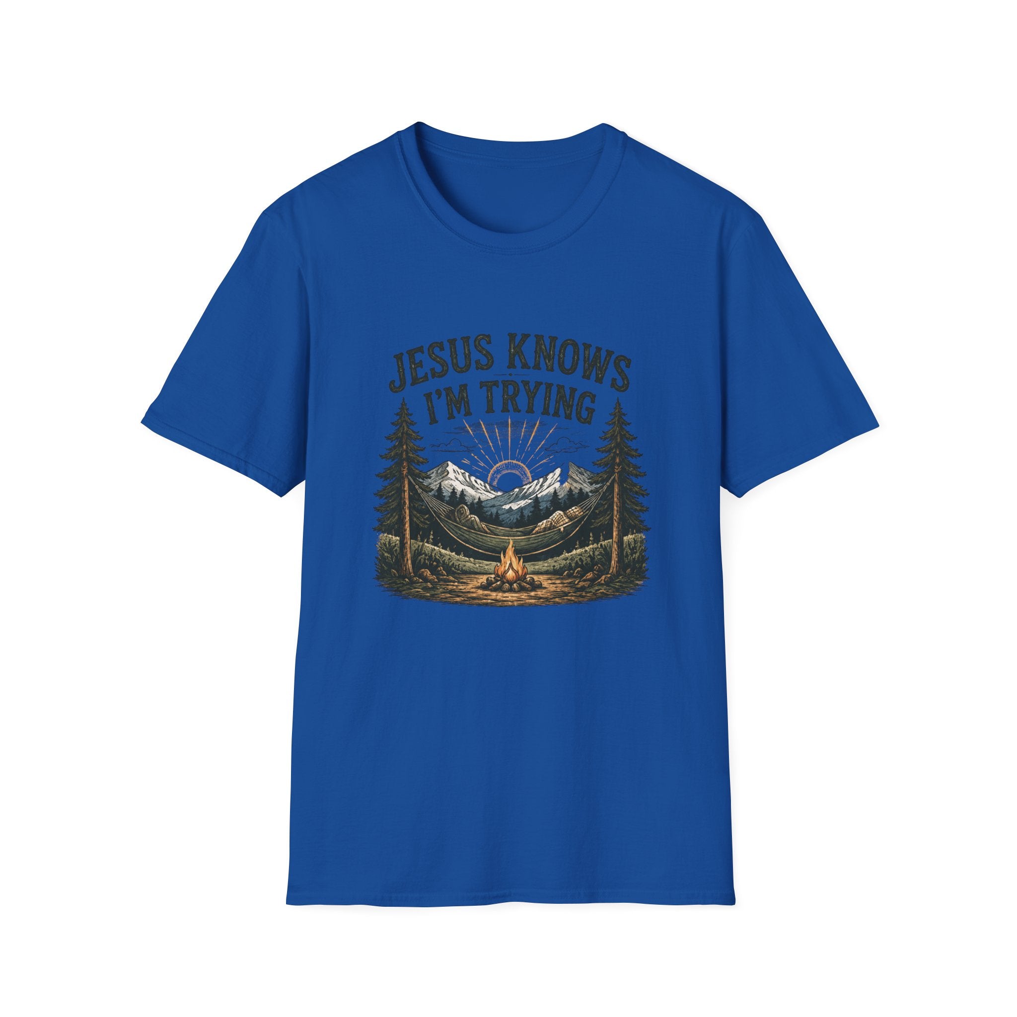 Christian Camping T-Shirt - "Jesus Knows I'm Trying" Outdoor Faith Graphic Tee