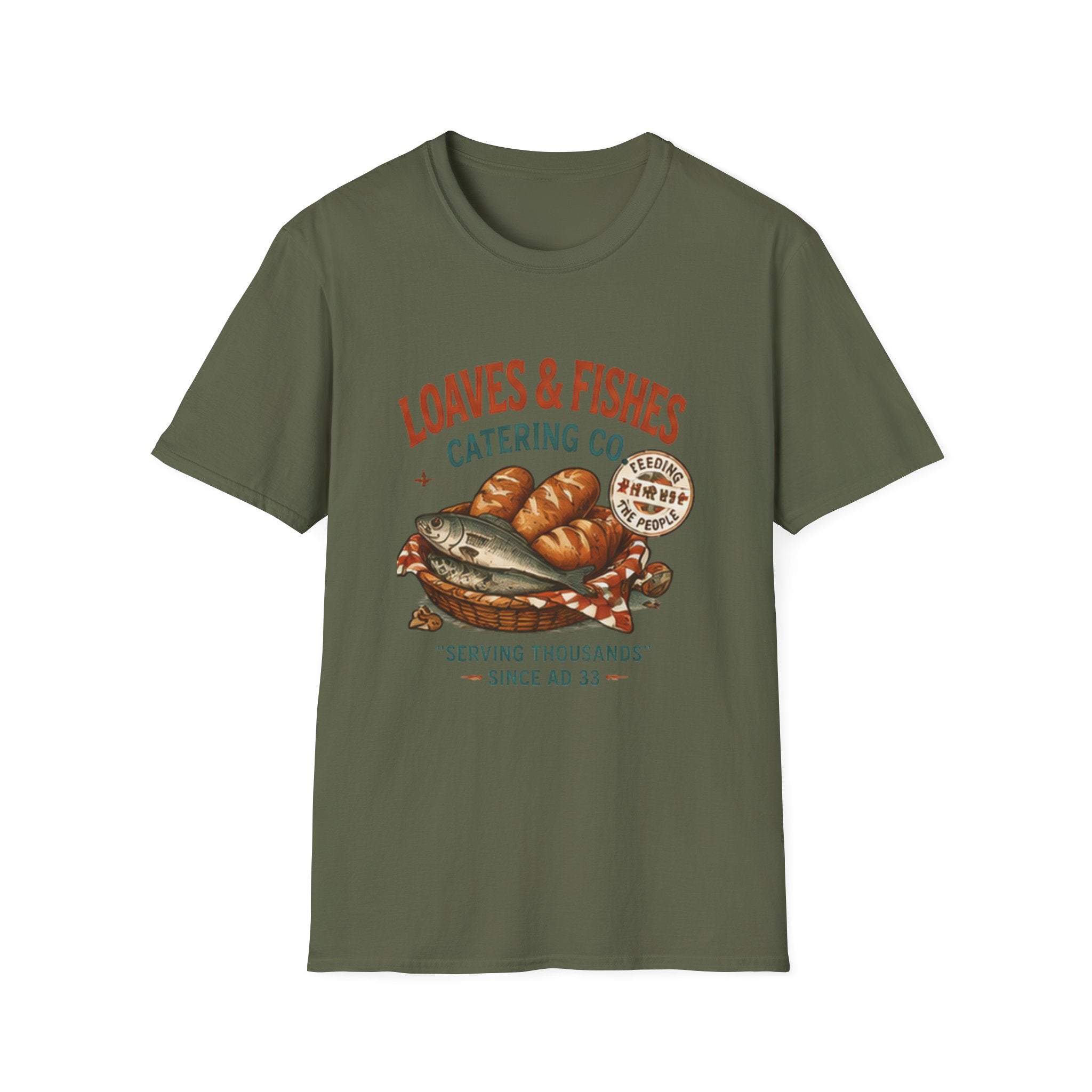 T-Shirt — Loaves & Fishes Vintage Catering Co. Graphic Tee (Serving Thousands Since AD 33)
